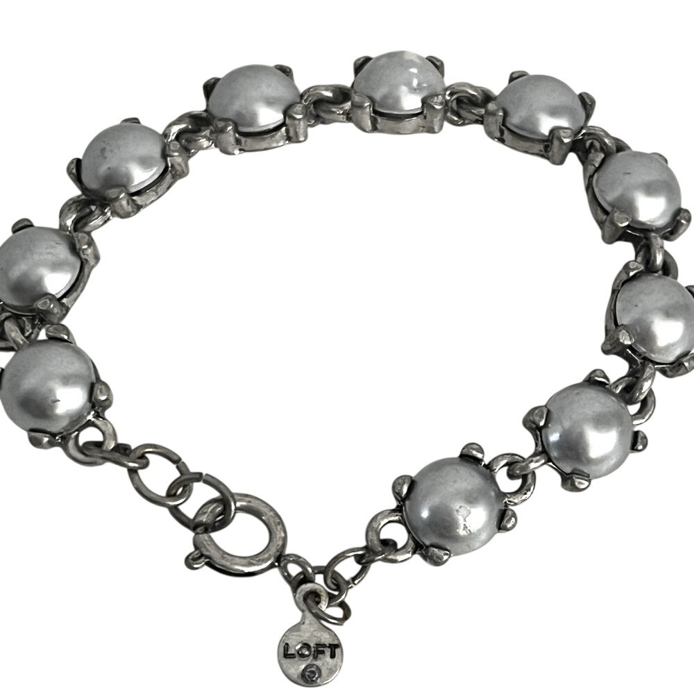 Ann Taylor LOFT Black Pearl Statement Bracelet Signed Jewelry Silver Tone